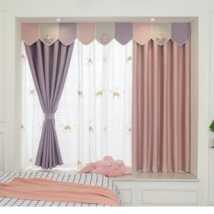Children's room blackout curtains bay window star window valance nailed curtain head pink short curtain princess girl bedroom kindergarten