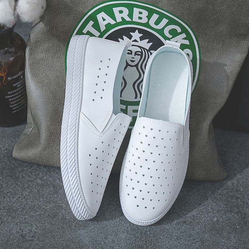 Women's White Casual Shoes Summer Hollow Thin Soft Leather Slip-On Breathable Nurse Work Shoes