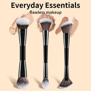 3 Dual-Ended Makeup Brushes: Flat Foundation Brush, Blush Brush, Concealer Brush, Fan Contour Brush, Dual-Purpose Base Makeup Brush