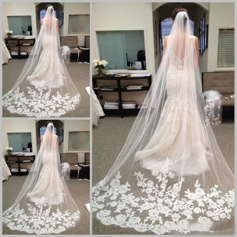 Wholesale Special Price Romantic Lace Applique Soft Tulle Long 3m Lace Bride Veil Extra Long Wedding Veil White