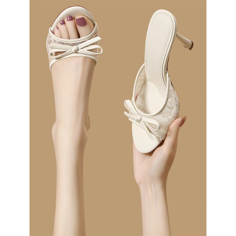 Soft Lace Hollow Round Toe One-Strap Sandals for Women, Slim High Heel, Beige Mesh, High Heel, Slimming, Outdoor Wear