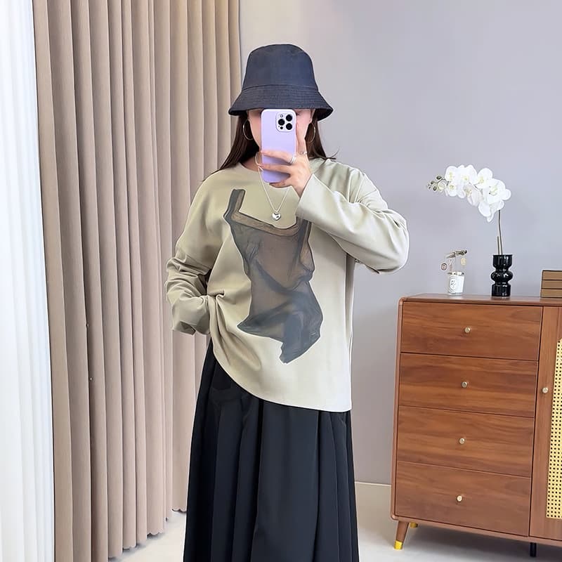 Zi Yuan 2025 autumn new plus-size women's clothing top extra-large American retro round-neck T-shirt W-236