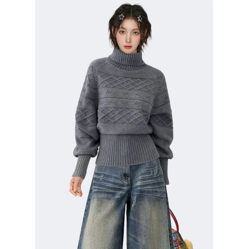 Lazy Style Gray Turtleneck Knit Sweater for Women, Autumn/Winter Design, Oversized Batwing Sleeve, Slimming Pullover Top