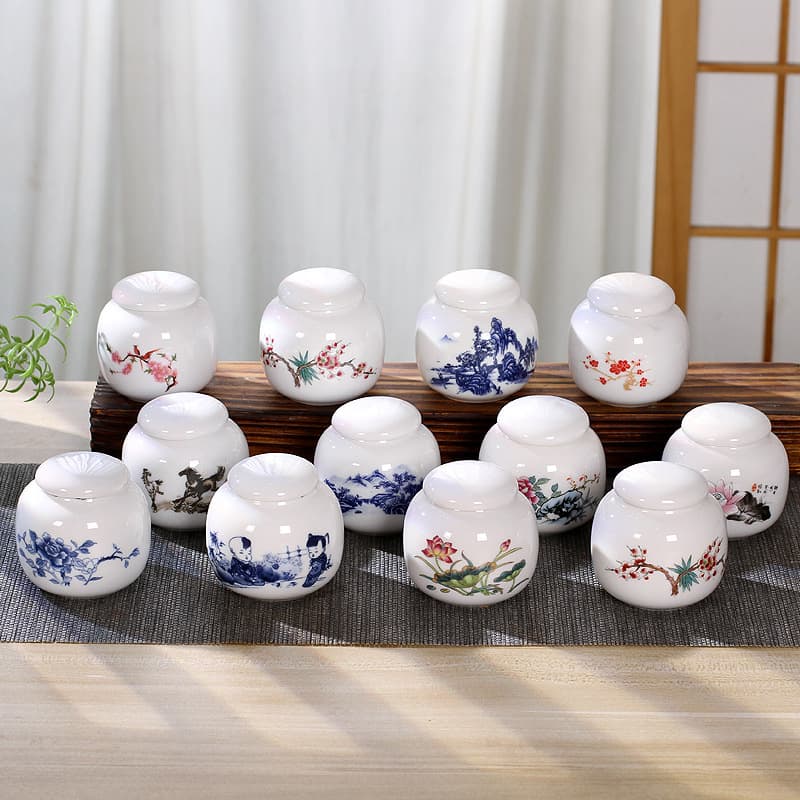 Mini Ceramic Tea Canister Portable Sealed Storage Tea Can Multiple Classic Little Fresh Chinese-Style Herbal Paste and Powder Container