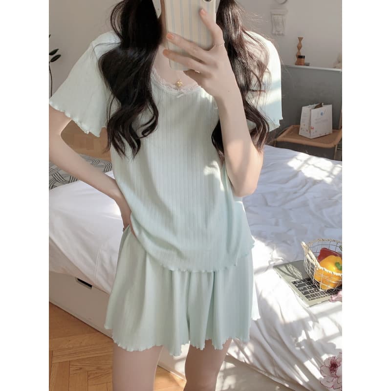 Women's Solid Color Lace Collar Short-Sleeved Pajama Shorts Set, Casual Homewear, Three-Color Comfortable Suit, Korean Style