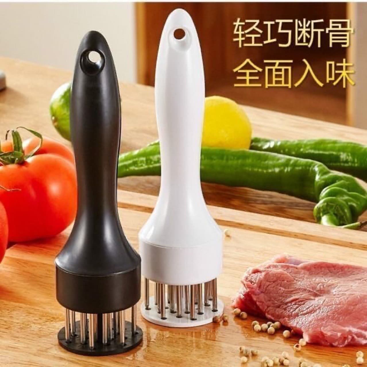 Stainless steel meat tenderizer for beef and steak, meat piercing tool for chicken.