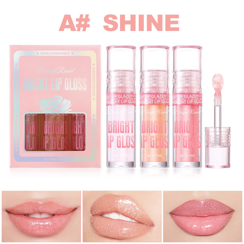 Cross-border Lip Gloss & Lip Glaze Set Glass Water Gloss Mirror Finish Pearl Shimmer with Sparkle Large Applicator Head Plumping Lip Color 3-Piece Gift Box