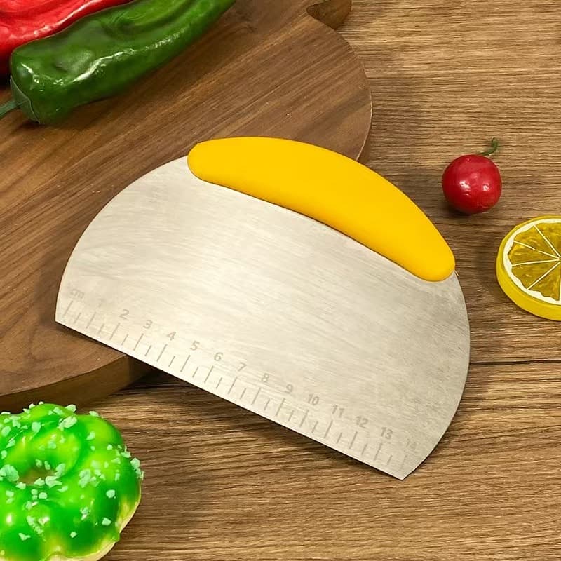 Multifunctional Kitchen Stainless Steel Bread Cutter and Baking Scraper, Semi-Circular Cutting Knife with Scale