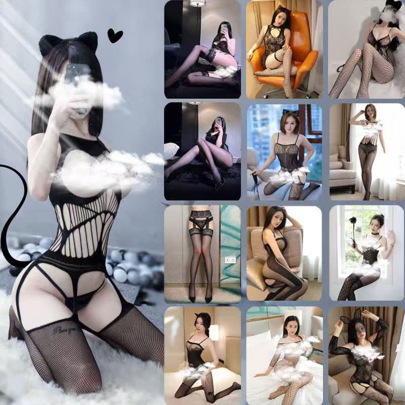 Yuedie Sexy Lingerie Bodysuit Fishnet Stockings Set Lace Teddy Sleepwear Role Play Costume