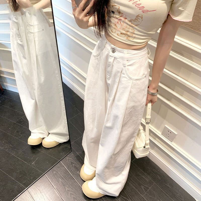White straight denim trousers for women, large size, high waist, fat mm, wide leg, pleated design, loose spring and summer floor mopping trousers