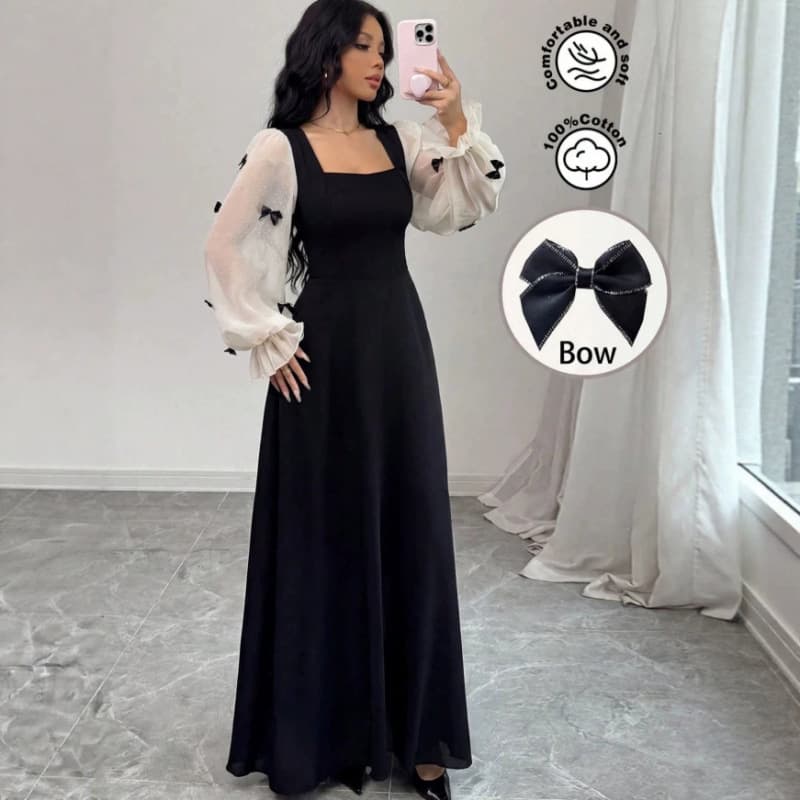 European and American cross-border 2026 French contrasting color bow fairy long dress pure black skirt splicing high waist dress