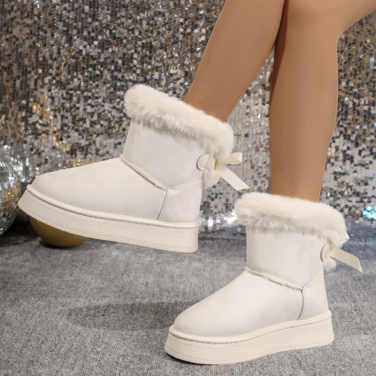 Women's Snow Boots, Winter New Fleece-Lined Thick Short Tube Casual Warm Cotton Shoes, Bowknot Thick Sole Anti-Slip Cotton Boots Wholesale