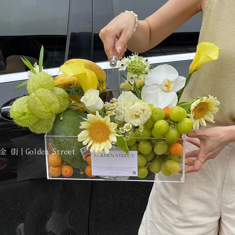 Holiday fruits and flowers acrylic transparent suitcase flower basket plastic creative fashion suitcase floral wholesale