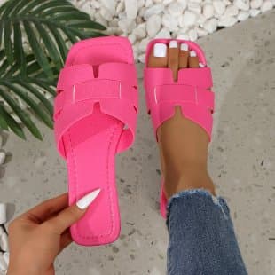 Cross-border Square-Toe H-Pattern Flat Sandals for Women, Simple and Versatile, Slip-Resistant, Casual Vacation One-Strap Loafer