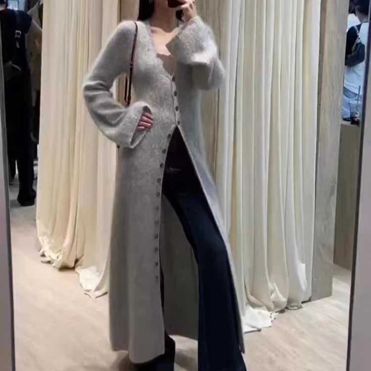 Elegant V-Neck Split Single-Breasted Long Slimming Knit Cardigan for Women, Autumn/Winter Solid Versatile Sweater Coat