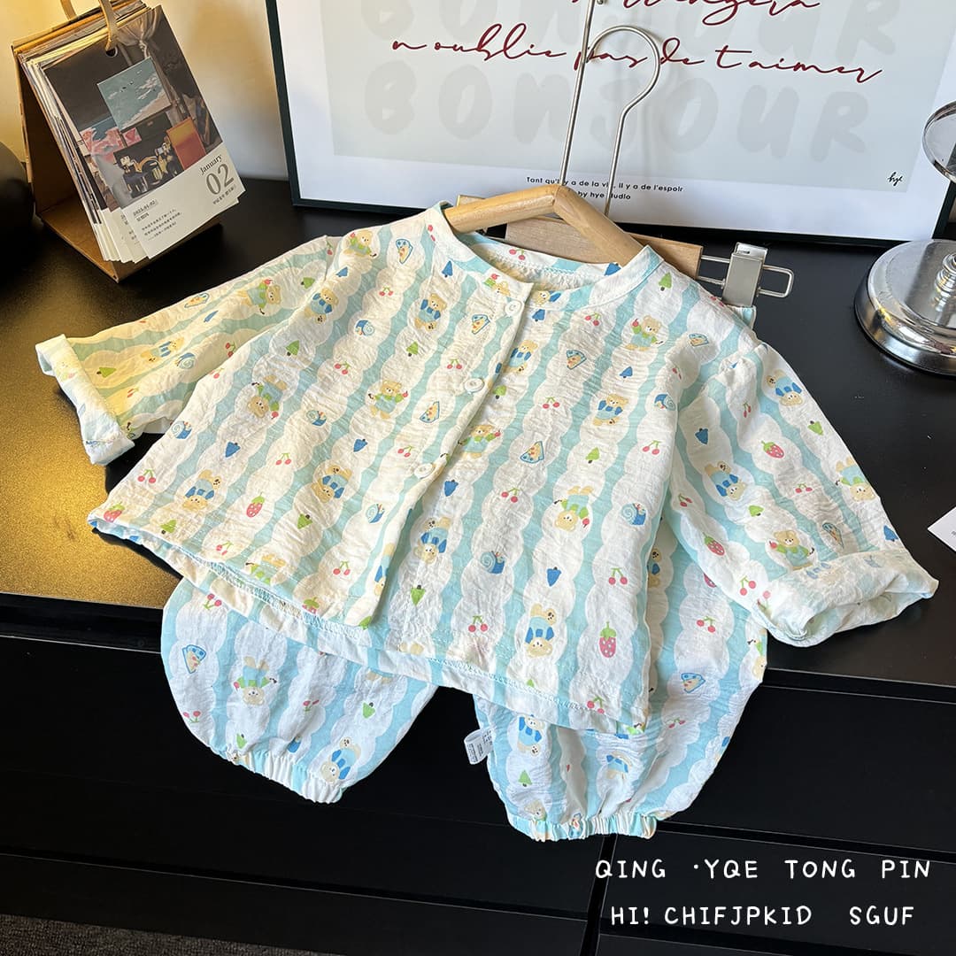Kids Summer Homewear Set Boys Cartoon Cloud Cotton Pajamas Girls Baby Long Sleeve Pants Printed Air Conditioning Wear