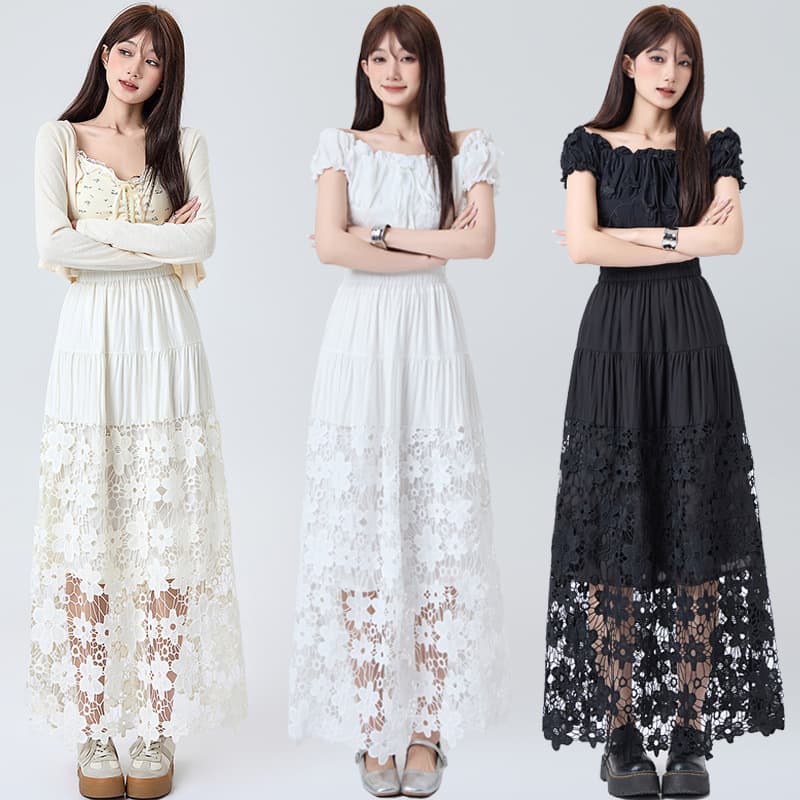 Actual Shot Heavy Craft Hollow Embroidery Lace Skirt Women 2026 High Waist Slimming Draping A-Line Mid-Long Cake Skirt