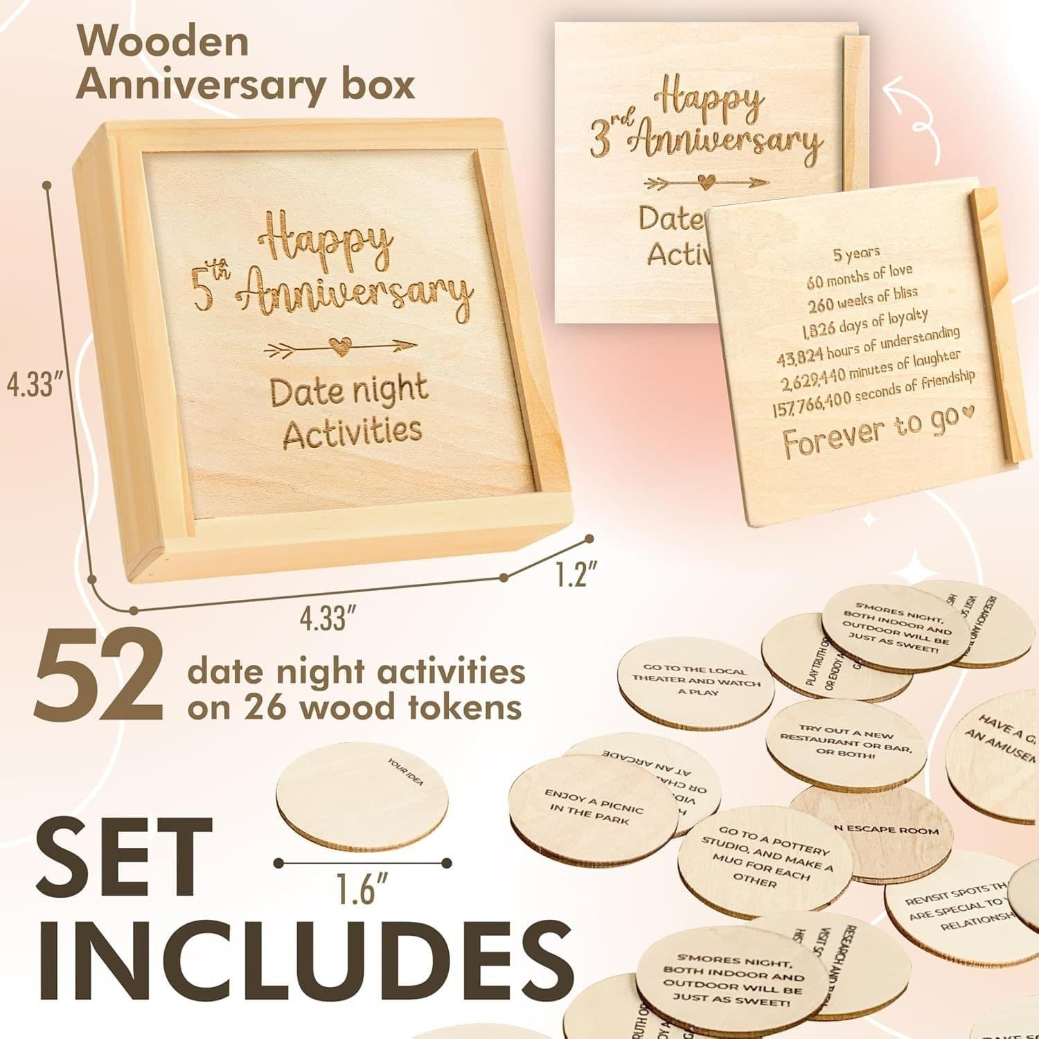 Wooden Gift Box for Wife Husband 5th Anniversary Solid Wood Wedding Anniversary Gift Box