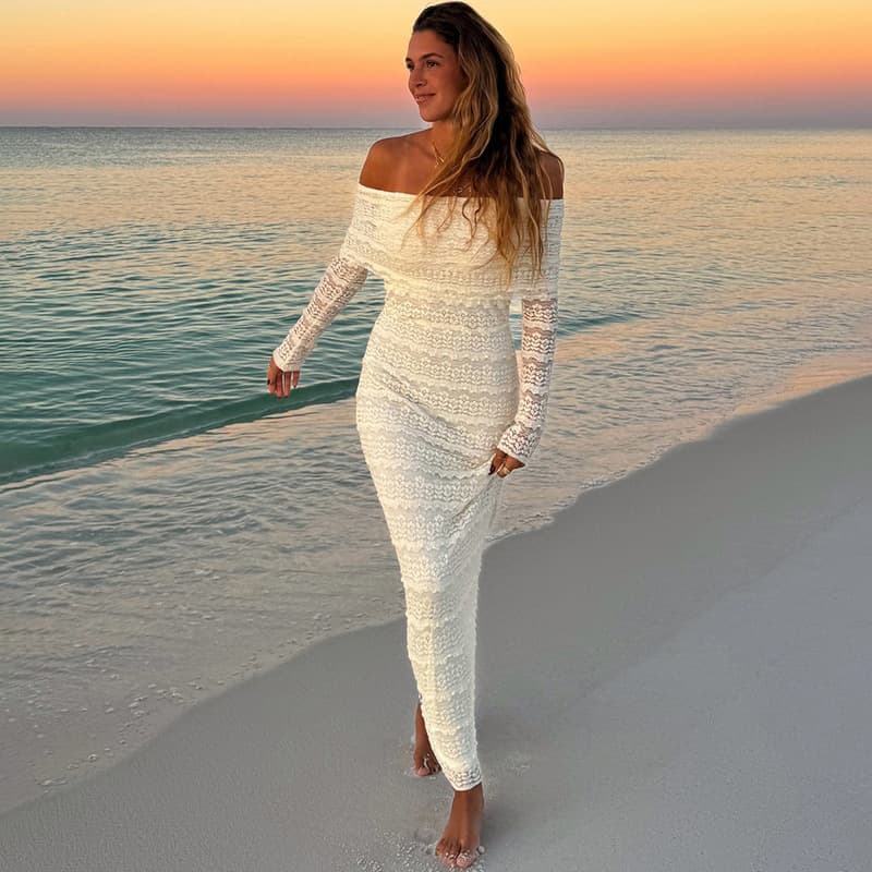 European and American style cross-border spring/summer Amazon new fashion elegant lady off-shoulder lace dress for women