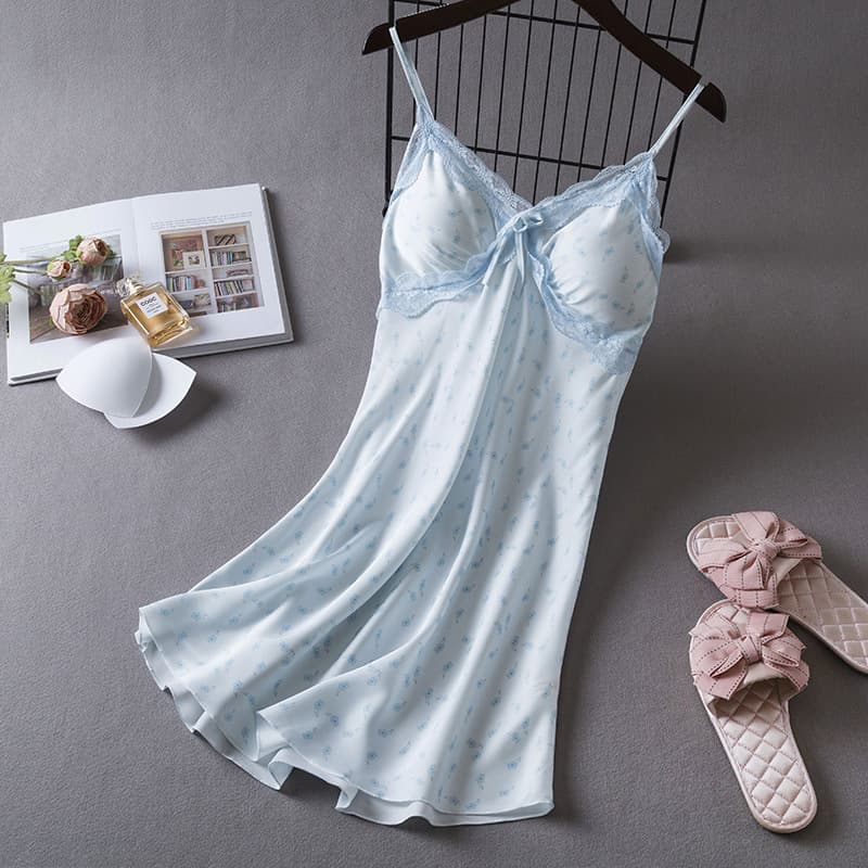 Sexy Ice Silk Polka Dot Summer Pajamas Women's Lace Silk Nightgown Short Style with Removable Bra Pads