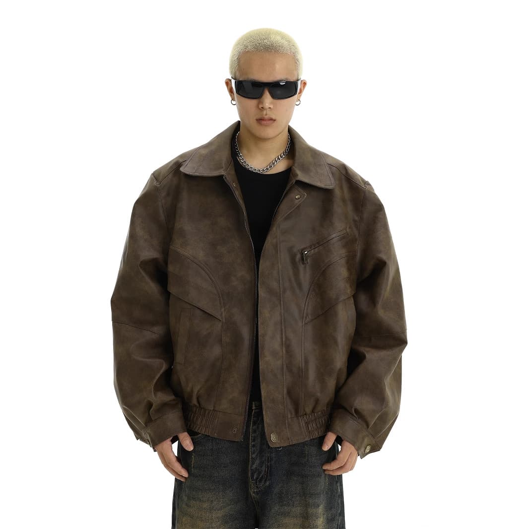 American Vintage Retro Distressed Leather Jacket for Men Spring Autumn New Trendy Design Casual Notched Collar Coat