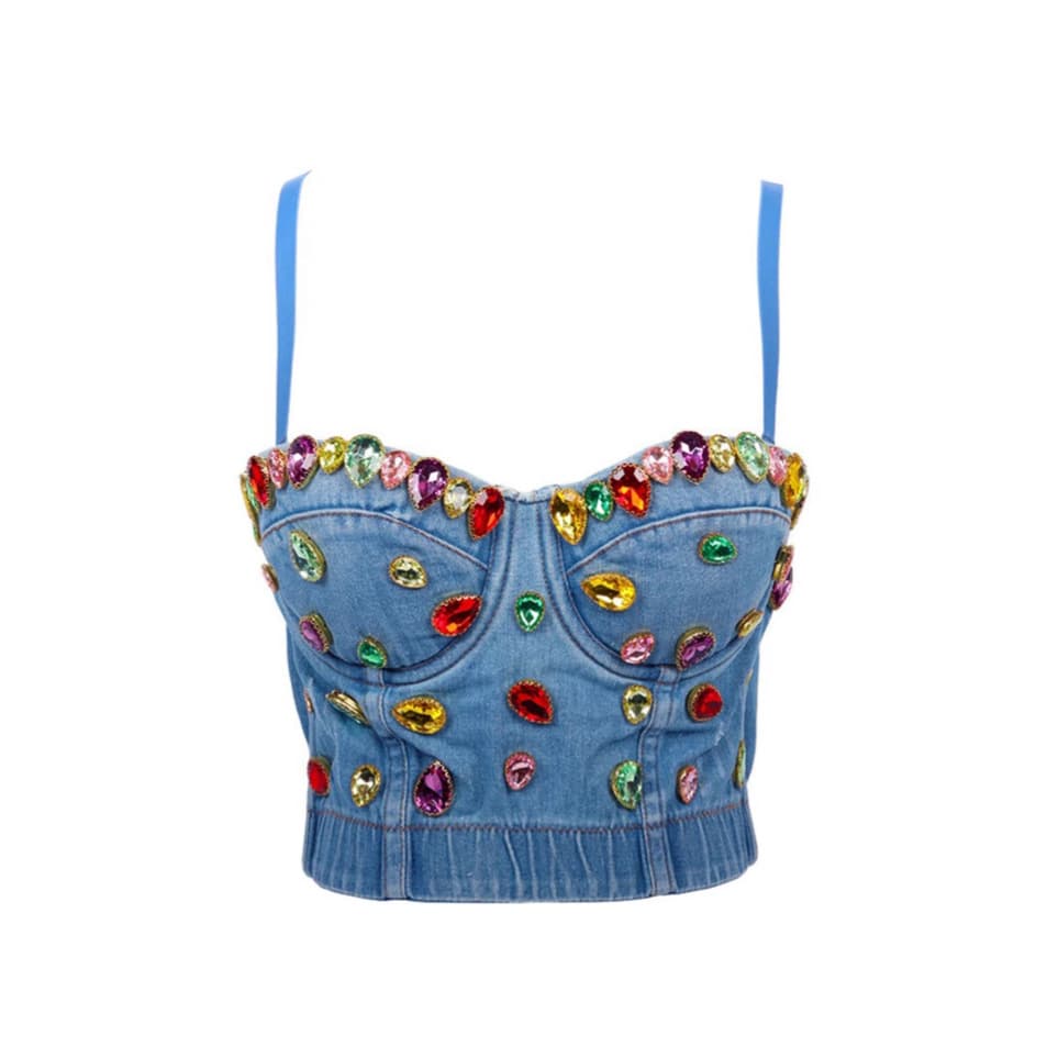 Luqiuguo Cowhide Denim Suspender Vest Youth With You 2 Xie Keyin Shaping Color Diamond Tight Crop Top Tube Top DB960