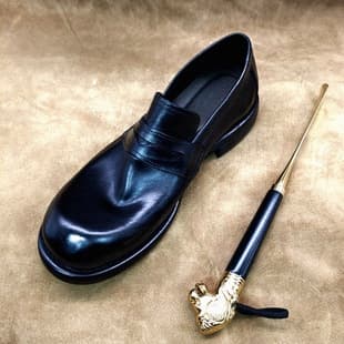 Vintage Washed Horse Leather Round Toe Loafers, Mickey Style Casual Business Handmade Men's Shoes