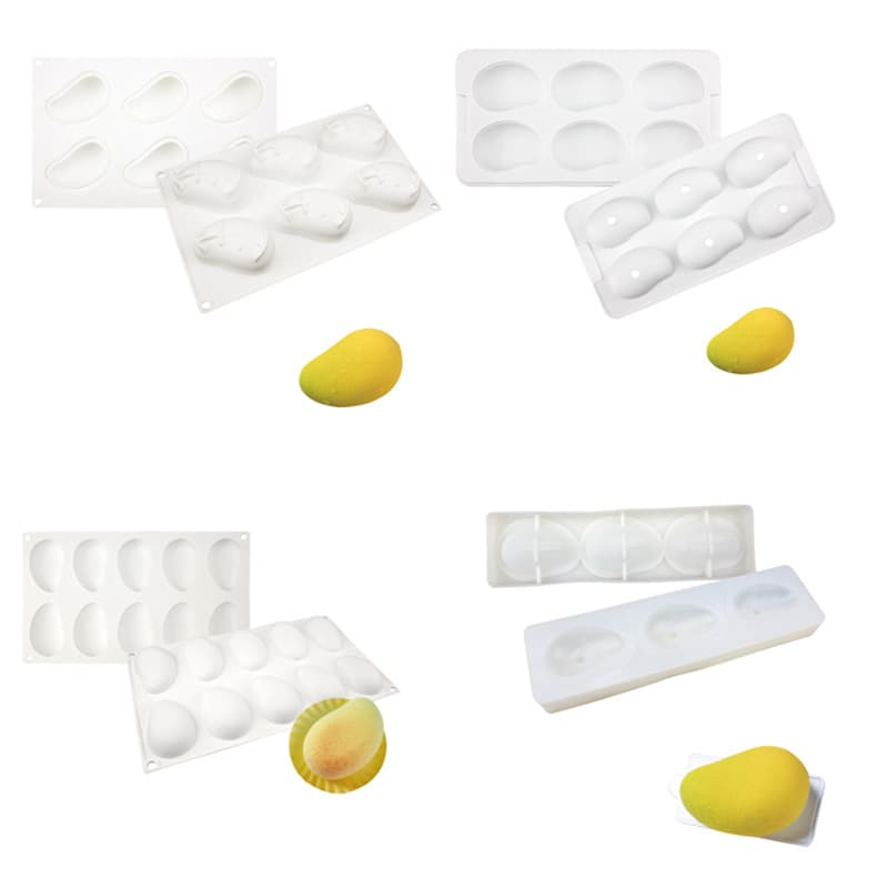 Multiple Types of Mango Silicone Molds in White for Realistic Fruit Mousse Cakes, Available in 3, 4, 6, and 10-Cavity Versions for Baking