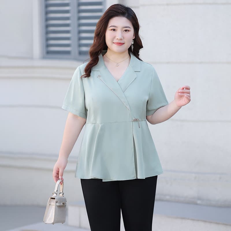 Plus Size Casual Short Sleeve Top for Women, Summer Chiffon Blouse for Mature Ladies, Slimming Fit