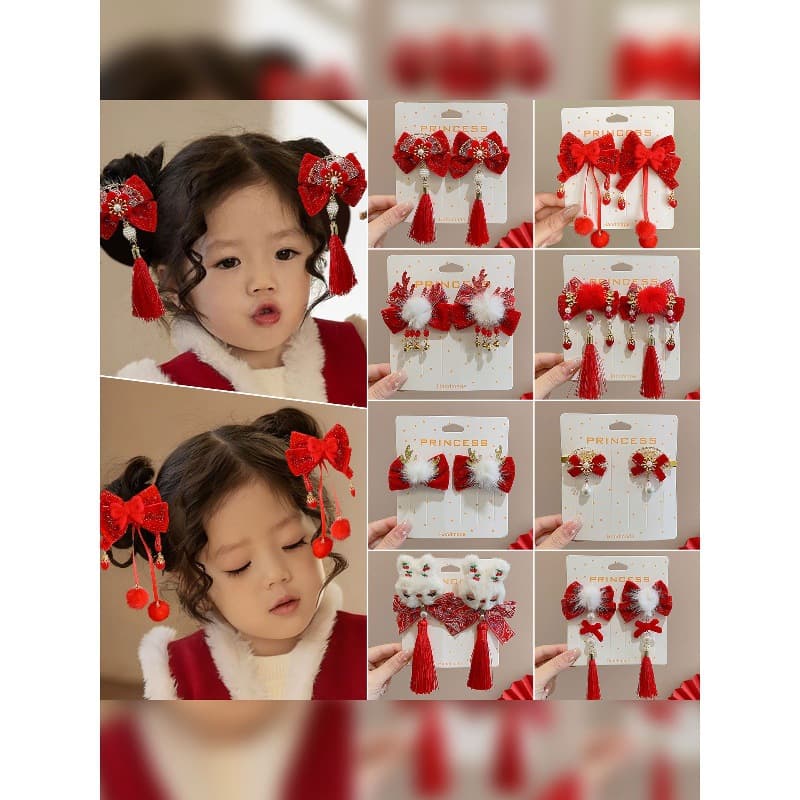 Children's New Year Red Velvet Tassel Hair Clip Girl's Side Hair Clip for Wispy Bangs Baby New Chinese Style Hair Clip