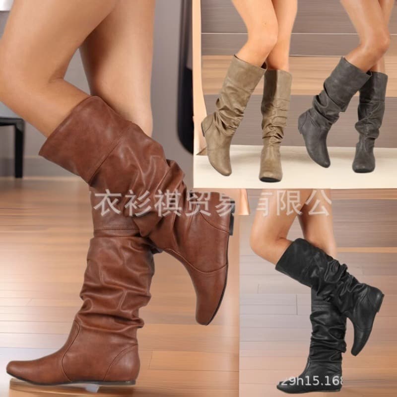 wish foreign trade new style western cowboy boots flat boots pu leather round toe boots slim boots cross-border foreign trade