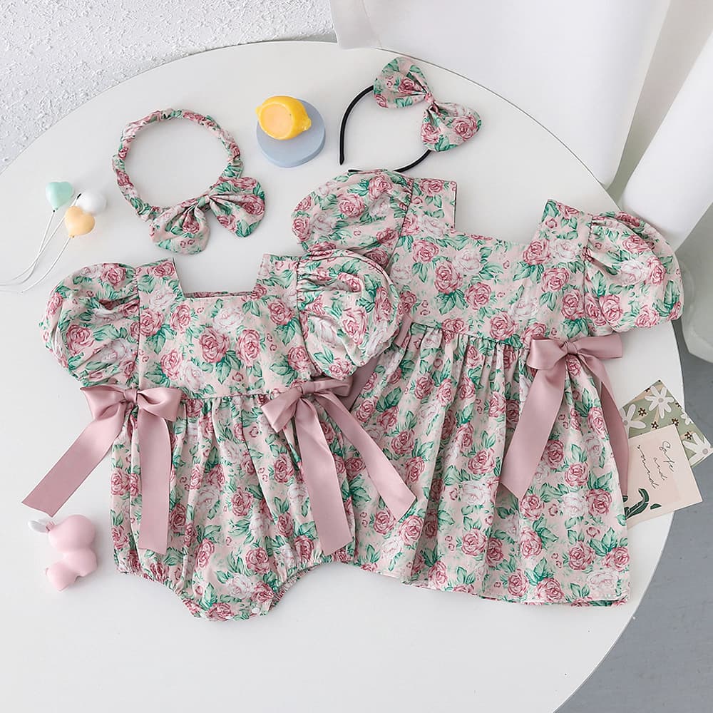 Summer Baby Bodysuit for Girls Short Sleeve Romper Onesie Sisters Outfit Toddler Square Neck Dress
