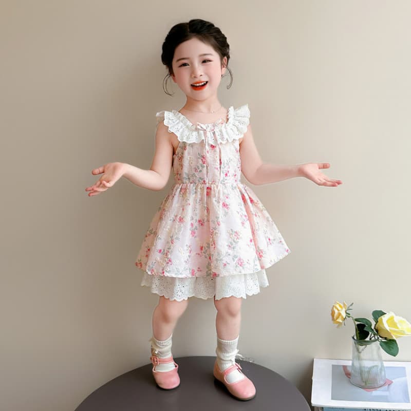 Girls Flying Sleeve Dress 2026 Summer New Baby Fashion Princess Dress Korean Style Girls Lace Floral Dress Trendy