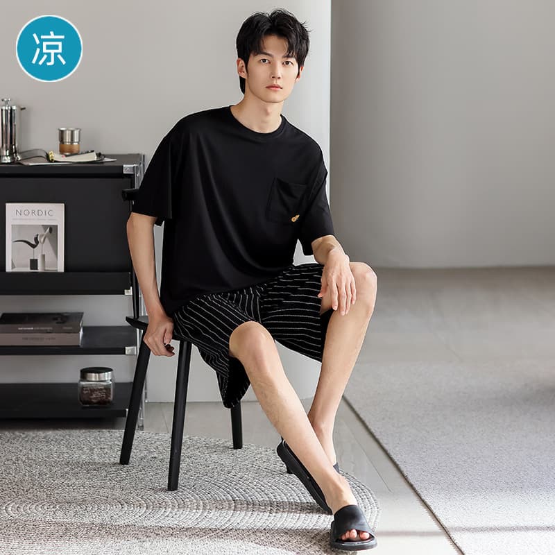 Men's Summer Pajama Set Short Sleeve Shorts Pullover Thin Cool Feeling Youth Loose Plus Size Homewear Suit