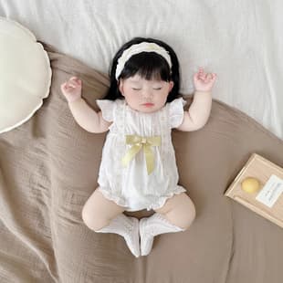 Newborn Summer Lace Princess Butterfly Sleeve Baby Romper for Girls, Thin Full Moon Bodysuit