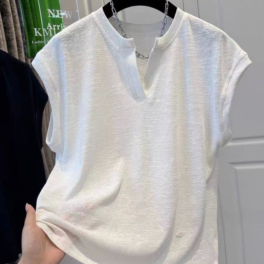 Plus Size 240lbs Minimalist Scissor Collar White Cap Sleeve T-Shirt Summer Women's Lightweight Snowflake Cotton Loose Top