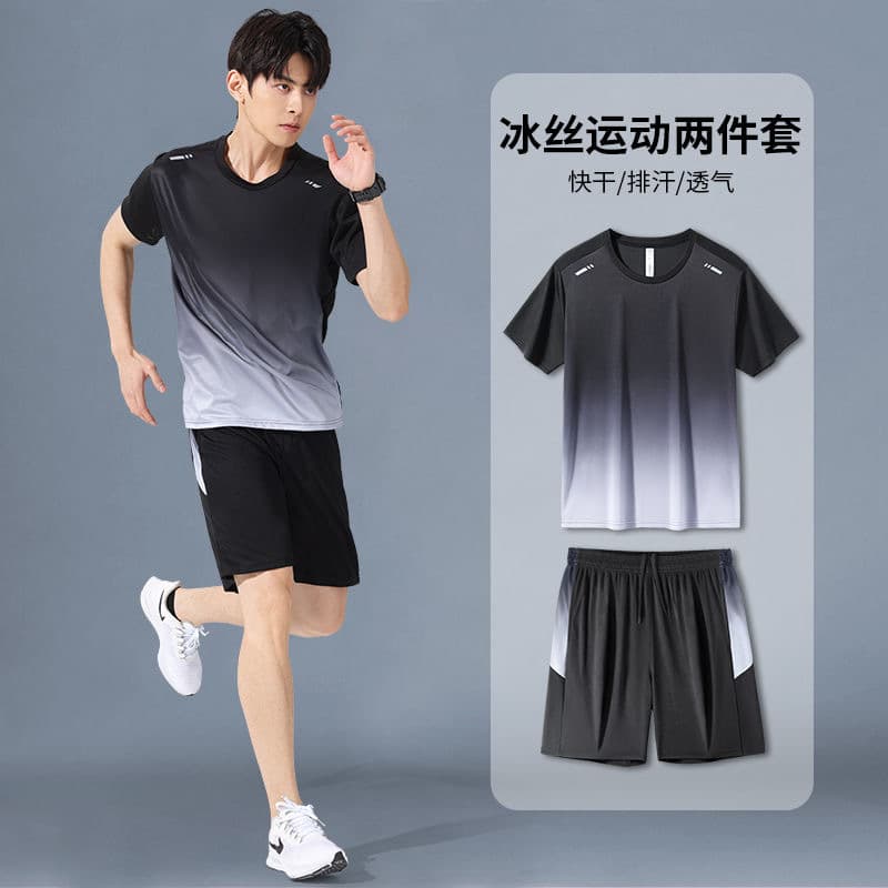Men's Fitness Ice Silk Short Sleeve T-Shirt Quick Dry Summer Sports Suit Basketball Morning Running Shorts Training Roo