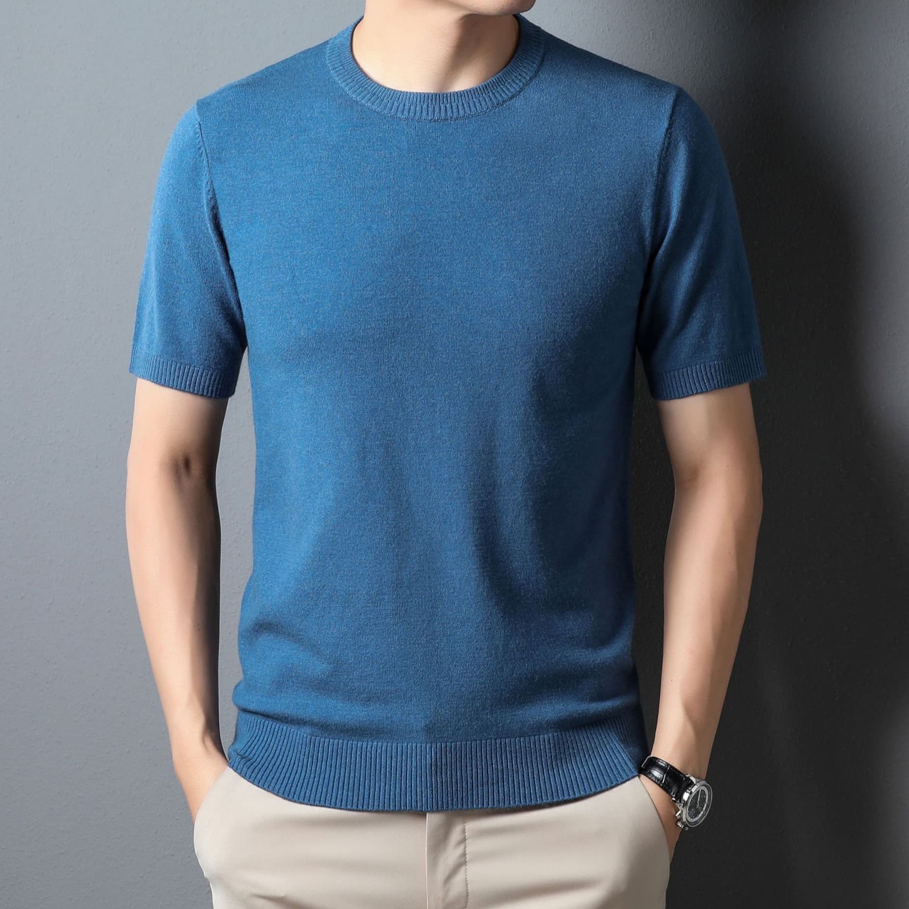 Men's Short Sleeve Knitted Sweater Round Neck Thin Spring Summer Casual Fashion Urban Style Youth Suitable High Elasticity Knitwear