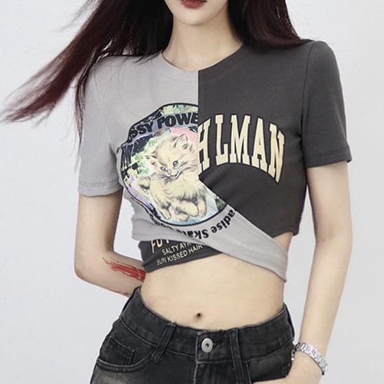 Unique Design Irregular Split Top for Women, High-Waist Street Style Tie-Up Crop T-Shirt for Summer