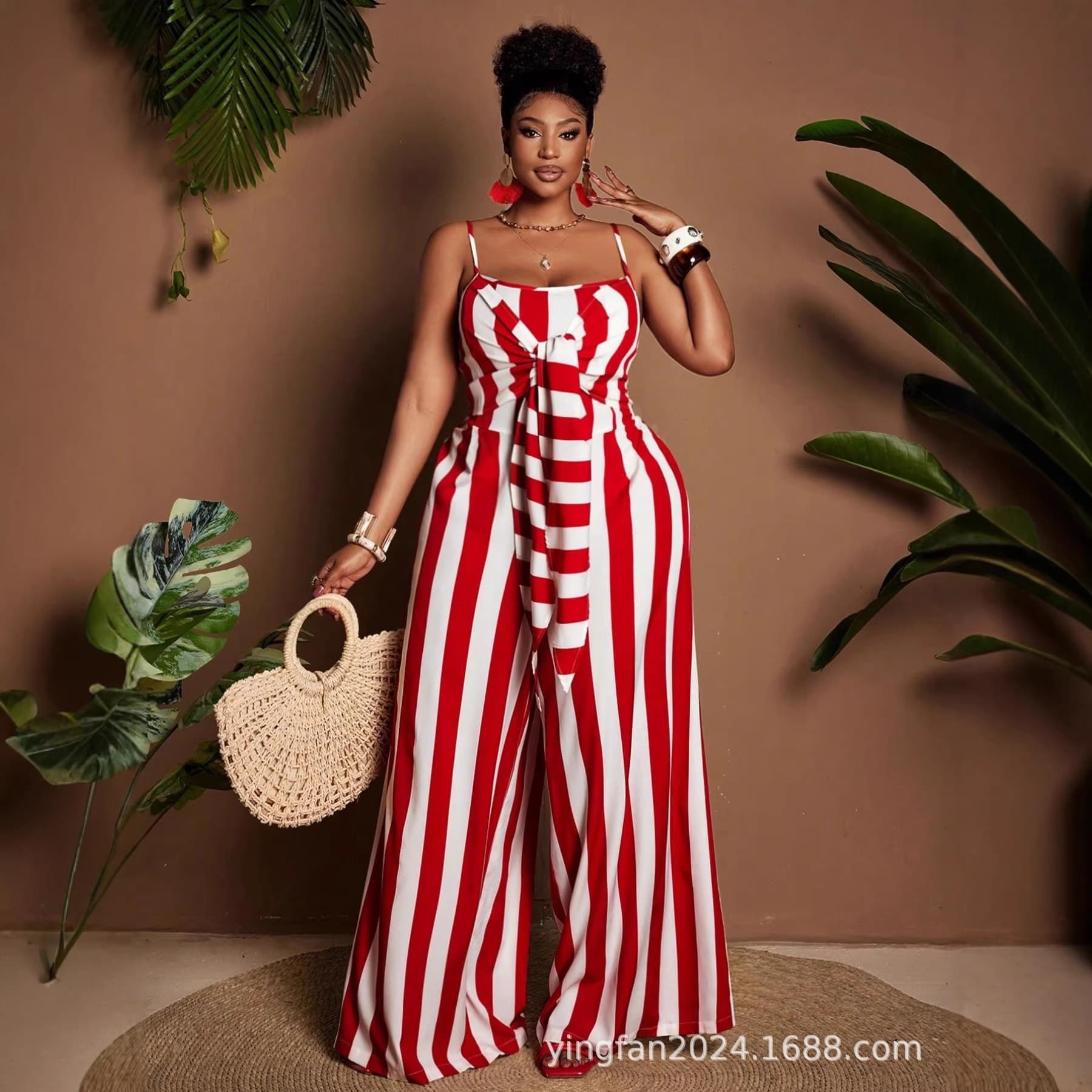 TikTok Pinduoduo foreign trade cross-border European and American plus size women's striped suspender jumpsuit TikTok hot style
