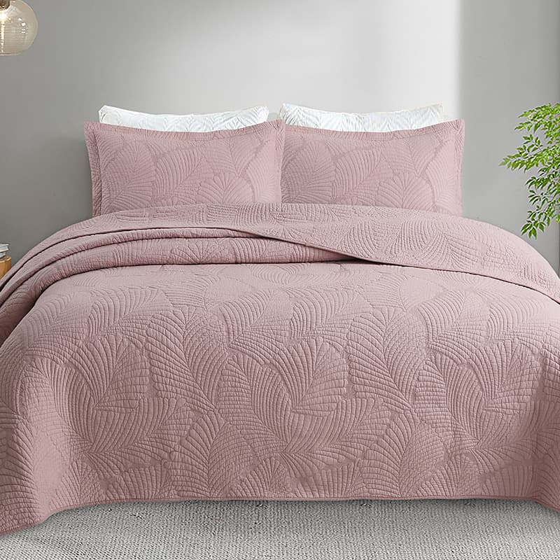 European and American Simple Cotton Bed Cover Three-Piece Set Palm Leaf Embroidered Quilt Solid Color Washed Bed Cover Bed Skirt Bed Sheet