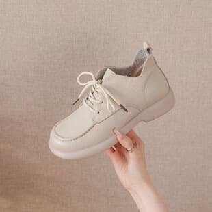 Genuine Leather New High-Top Women's Shoes, Top Layer Cowhide Soft Sole Casual Shoes for Spring and Autumn, Comfortable Versatile Retro Mid-Top