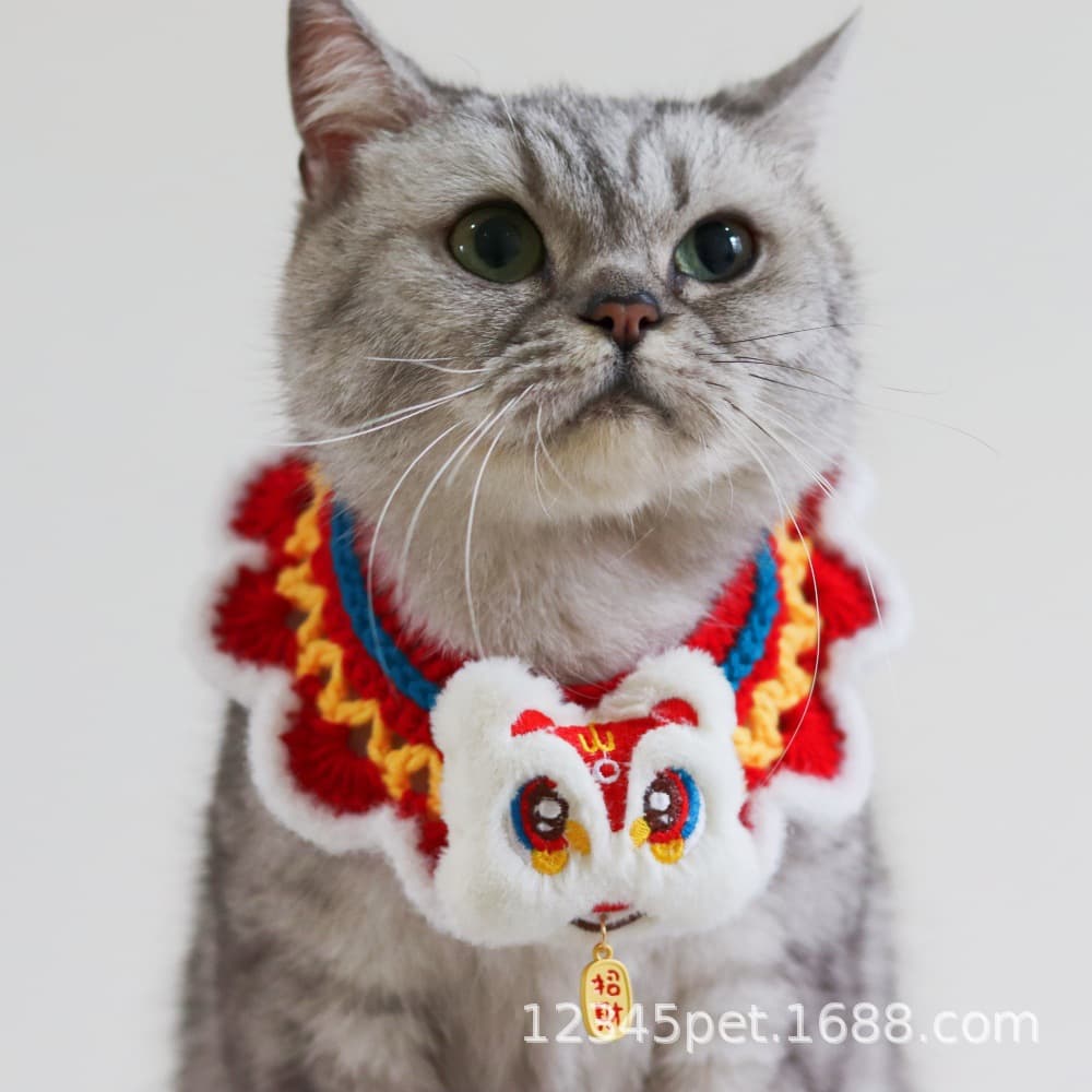 Pet New Year Lion Dance Neck Scarf Spring Festival Collar Decoration Pet Knitted Scarf for Good Fortune