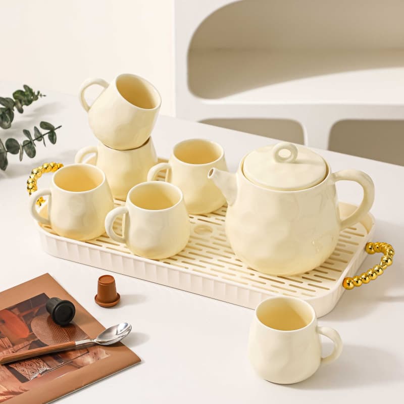 Cream style tea cup set, household light luxury ceramic cup, kettle, living room hospitality cup, tea set, tea tray, water set, cup