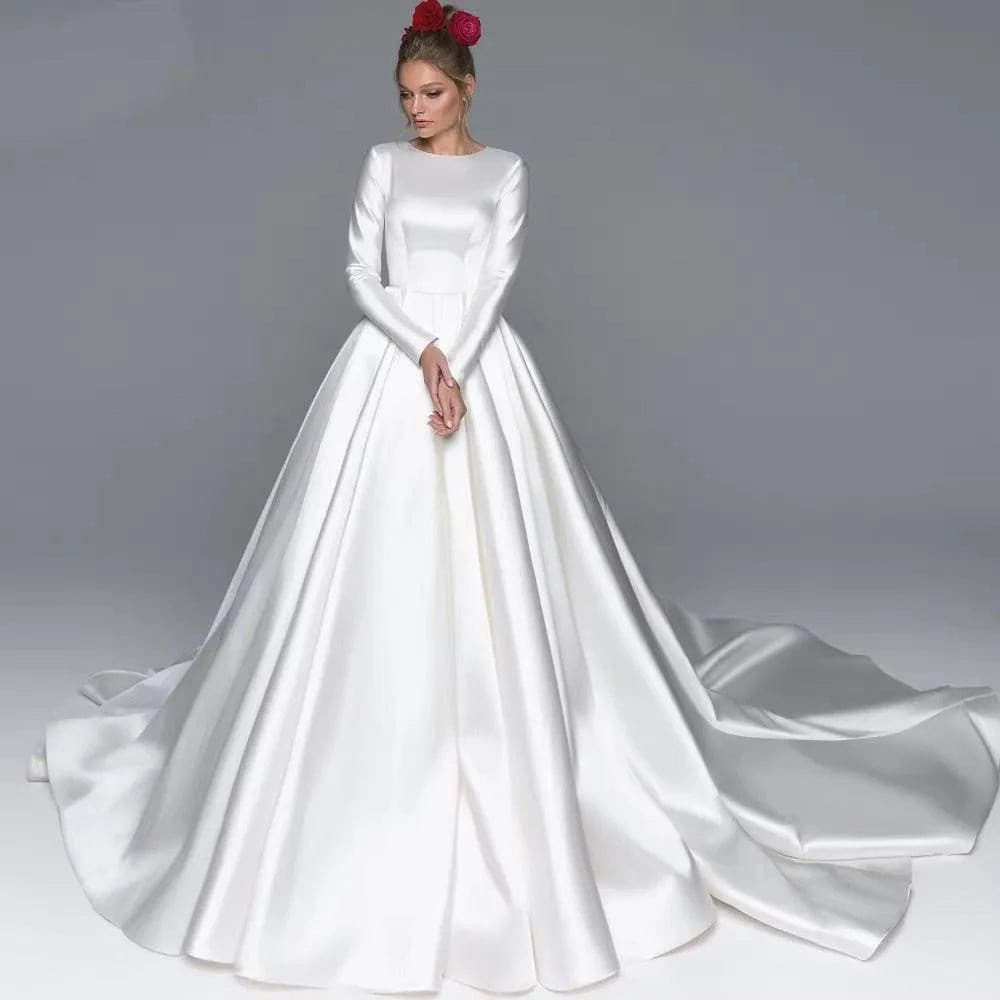 Satin Wedding Dress New French Palace Style Elegant Bride Simple Long Sleeve Wedding Dress Foreign Trade Source Factory