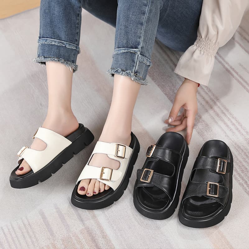 Genuine Leather Sandals for Women Summer 2024 New Style Large Size Outdoor Thick Sole One-Strap Buckle Flat Beach Shoes