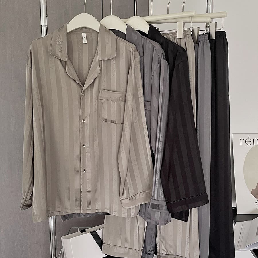 Men's Light Luxury Simple Jacquard Pajamas Ice Silk Embroidery High-End Autum Long-Sleeved Home Clothes Set