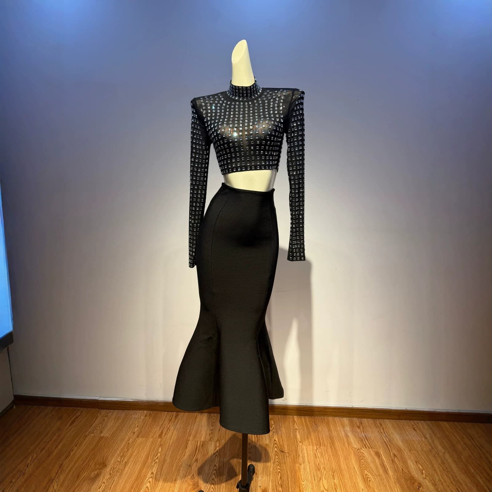 Spot heavy industry full diamond see-through mesh stand-up collar long-sleeved navel-baring top high-waisted bandage fishtail skirt two-piece set