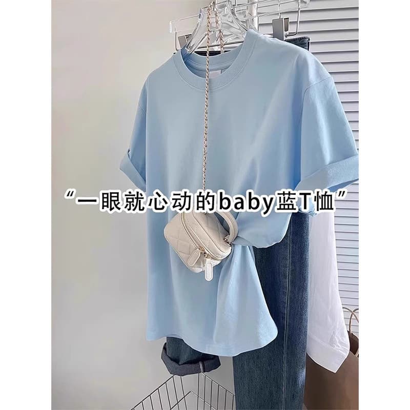 Pure Cotton Baby Blue Short-Sleeved T-Shirt for Women 2025 New Summer Hot Style Fashionable and Versatile Pure Color Large Size T-Shirt Top