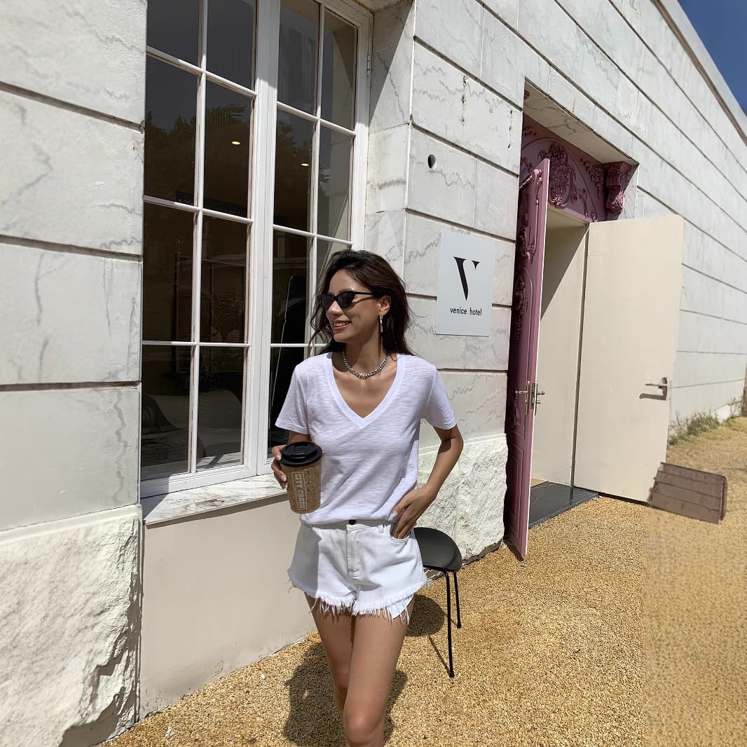 DiscoGlam V-Neck Slub Modal Loose Short Sleeve T-Shirt for Women High Quality Summer Breathable Lightweight